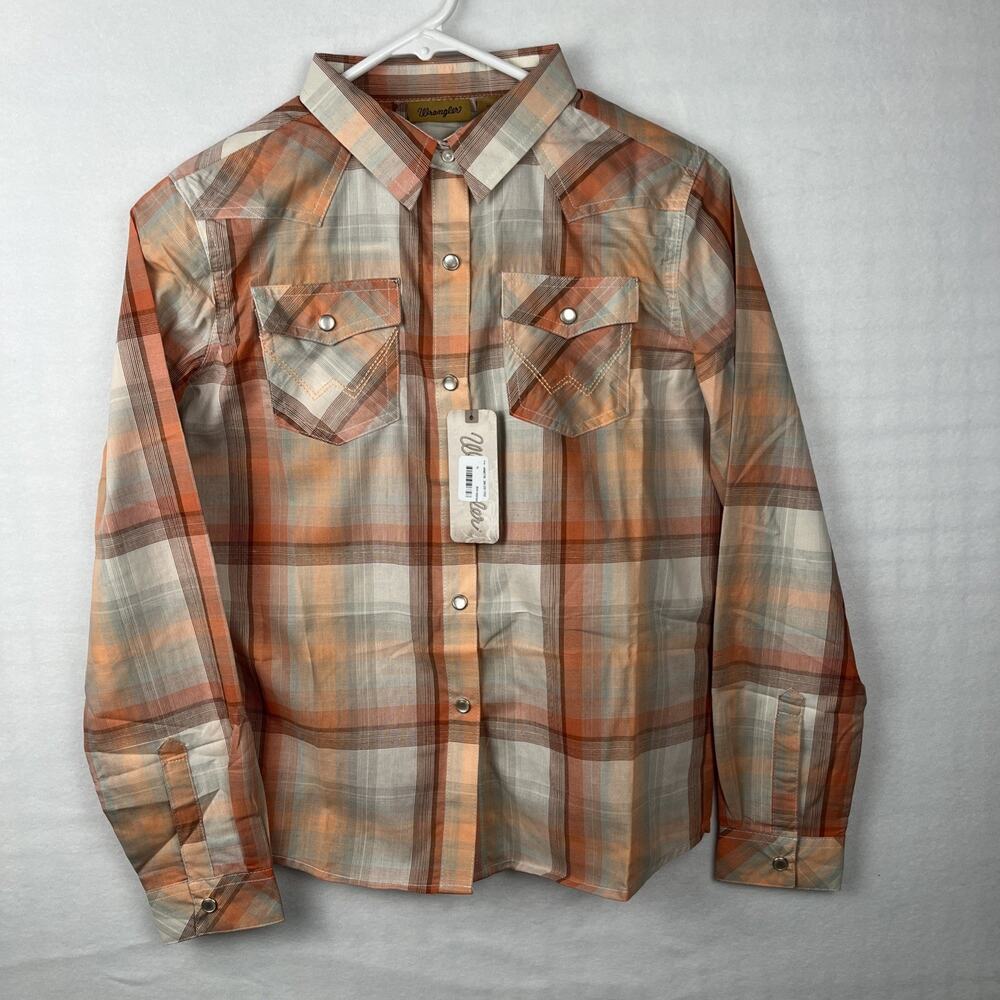 Wrangler Western Shirt Girls XL Rust Beige Plaid Pearl Snap Button Up Cowboy